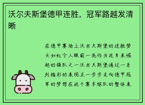 沃尔夫斯堡德甲连胜，冠军路越发清晰